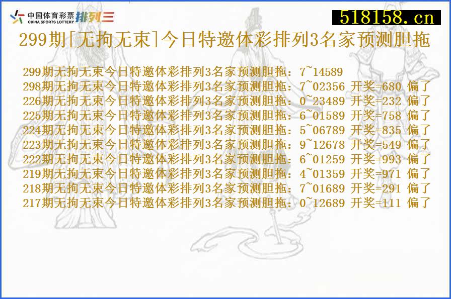 299期[无拘无束]今日特邀体彩排列3名家预测胆拖