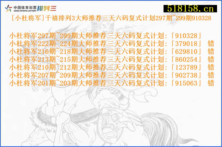 [小杜将军]千禧排列3大师推荐三天六码复式计划297期~299期910328