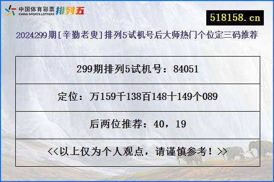 2024299期[辛勤老叟]排列5试机号后大师热门个位定三码推荐