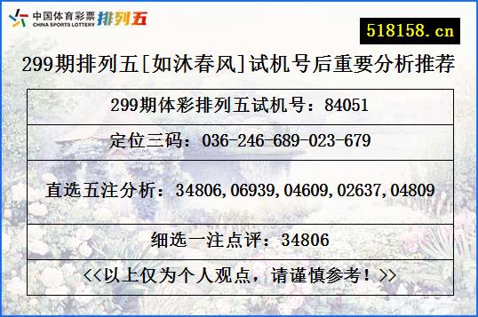 299期排列五[如沐春风]试机号后重要分析推荐