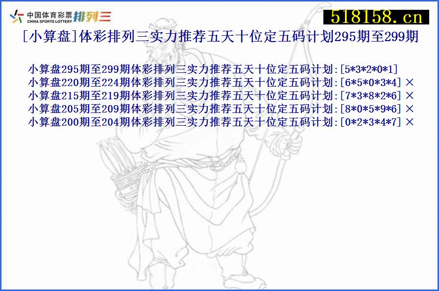 [小算盘]体彩排列三实力推荐五天十位定五码计划295期至299期