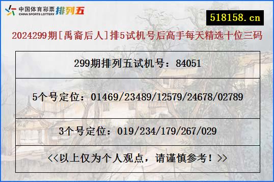 2024299期[禹裔后人]排5试机号后高手每天精选十位三码