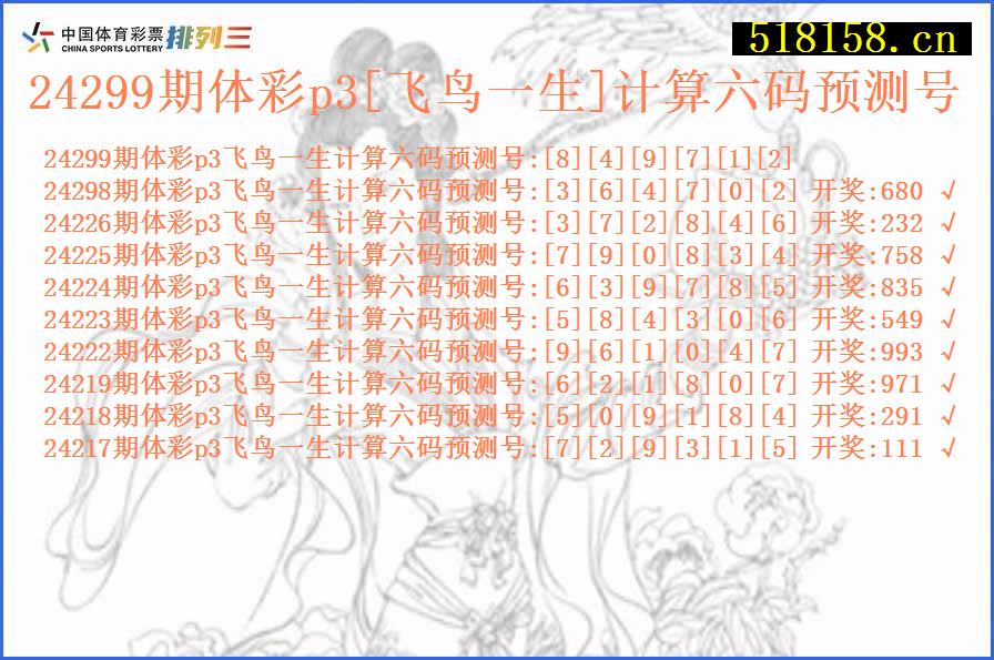 24299期体彩p3[飞鸟一生]计算六码预测号