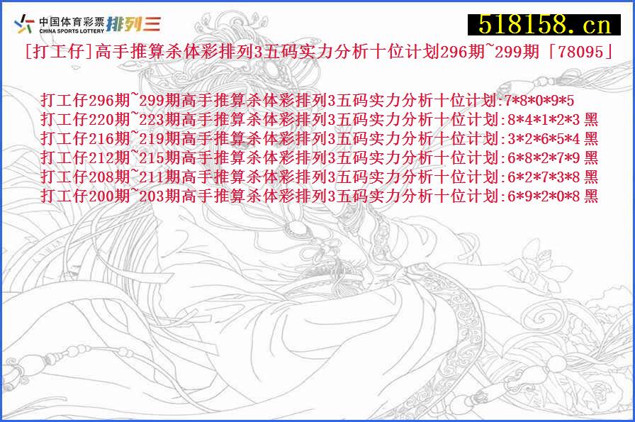 [打工仔]高手推算杀体彩排列3五码实力分析十位计划296期~299期「78095」