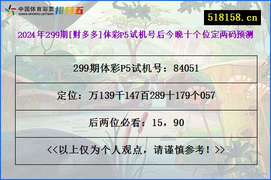 2024年299期[财多多]体彩P5试机号后今晚十个位定两码预测