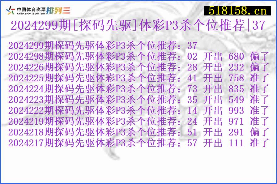 2024299期[探码先驱]体彩P3杀个位推荐|37