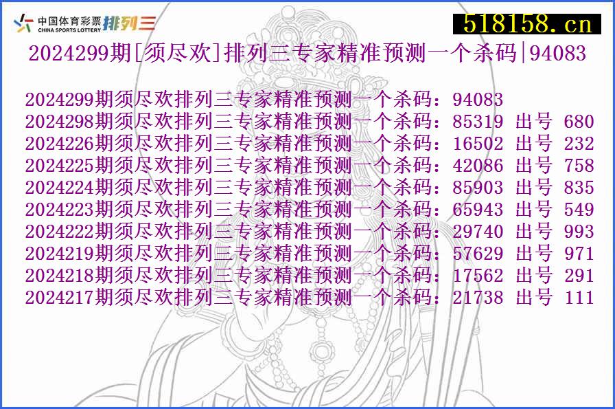 2024299期[须尽欢]排列三专家精准预测一个杀码|94083