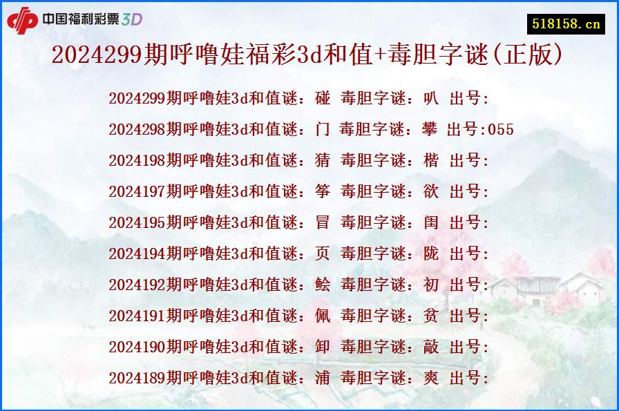 2024299期呼噜娃福彩3d和值+毒胆字谜(正版)