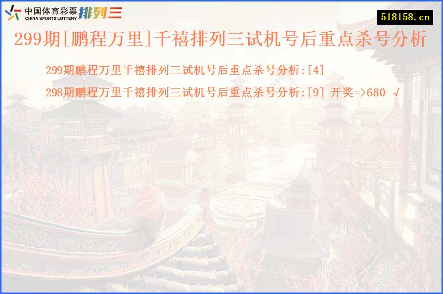 299期[鹏程万里]千禧排列三试机号后重点杀号分析