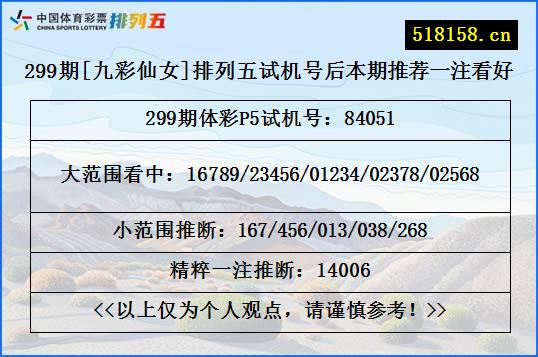 299期[九彩仙女]排列五试机号后本期推荐一注看好