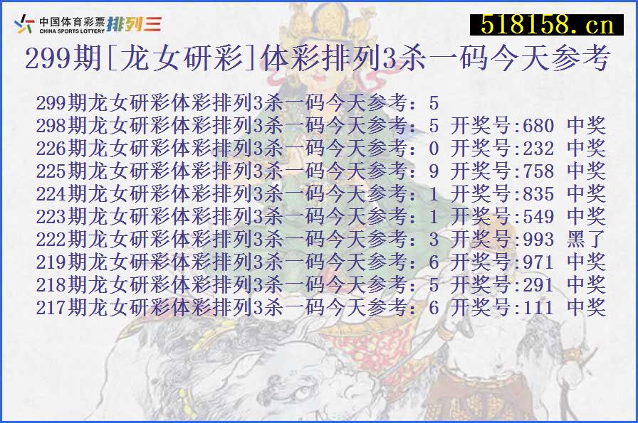 299期[龙女研彩]体彩排列3杀一码今天参考