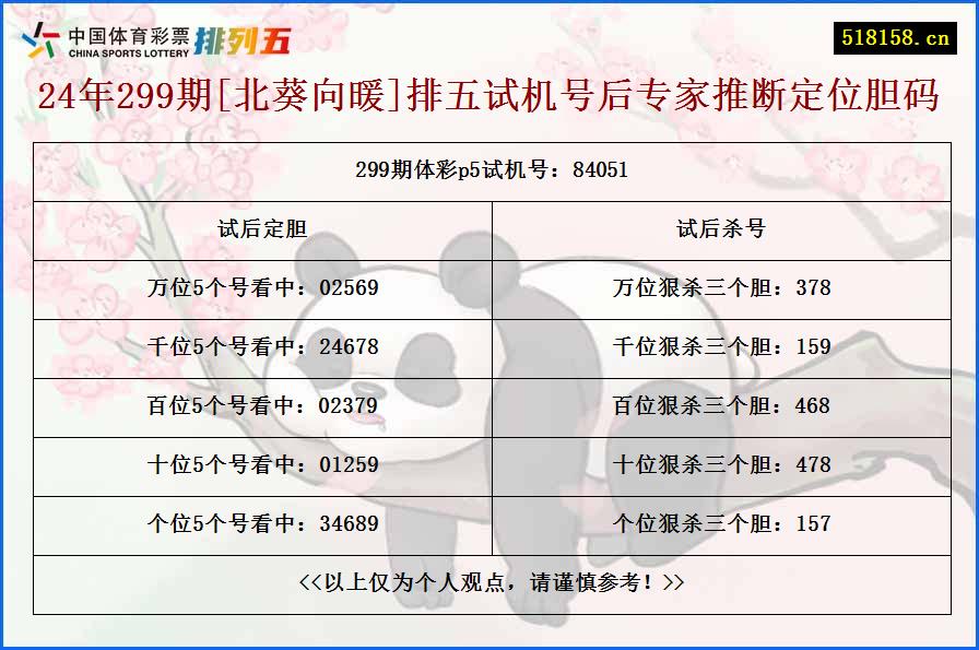 24年299期[北葵向暖]排五试机号后专家推断定位胆码