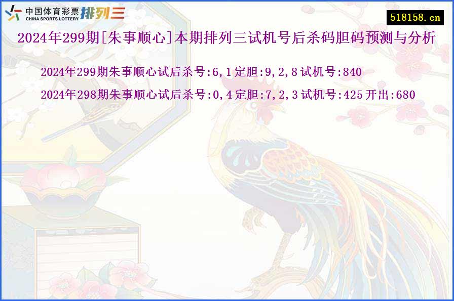 2024年299期[朱事顺心]本期排列三试机号后杀码胆码预测与分析