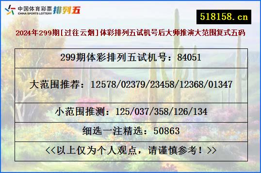 2024年299期[过往云烟]体彩排列五试机号后大师推演大范围复式五码