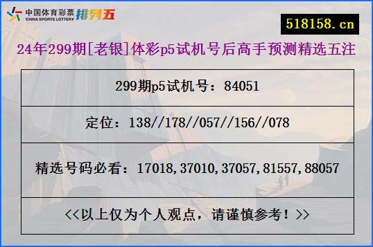 24年299期[老银]体彩p5试机号后高手预测精选五注