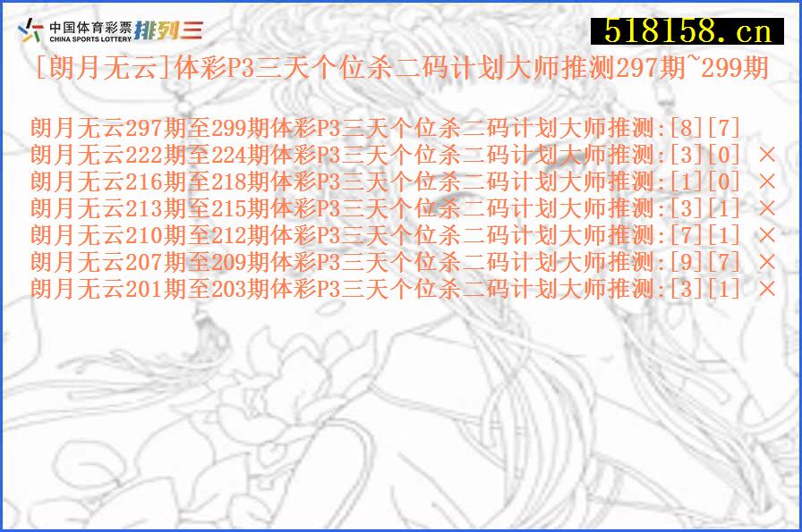 [朗月无云]体彩P3三天个位杀二码计划大师推测297期~299期