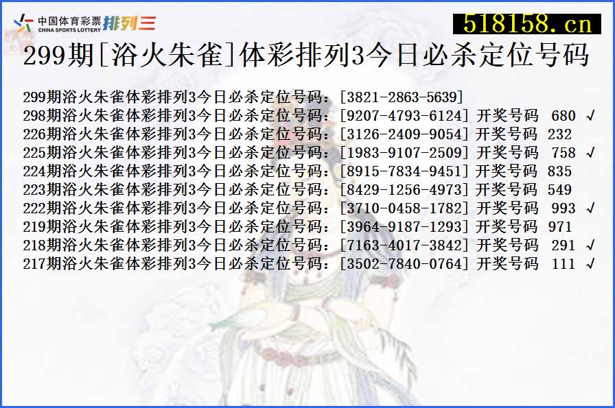 299期[浴火朱雀]体彩排列3今日必杀定位号码