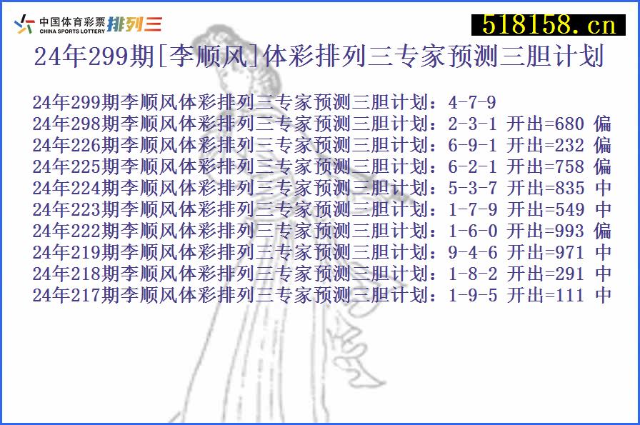 24年299期[李顺风]体彩排列三专家预测三胆计划