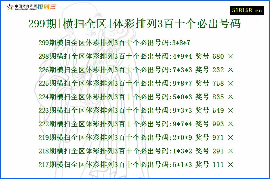 299期[横扫全区]体彩排列3百十个必出号码