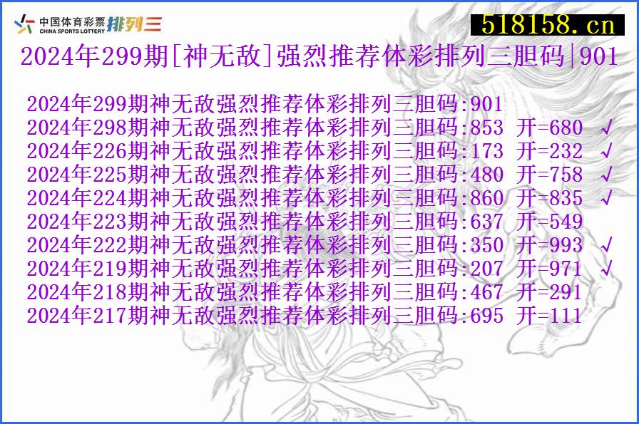 2024年299期[神无敌]强烈推荐体彩排列三胆码|901