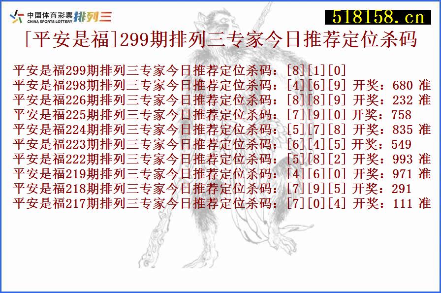 [平安是福]299期排列三专家今日推荐定位杀码