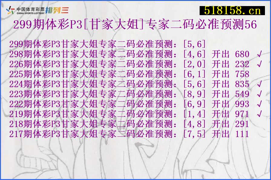 299期体彩P3[甘家大姐]专家二码必准预测56