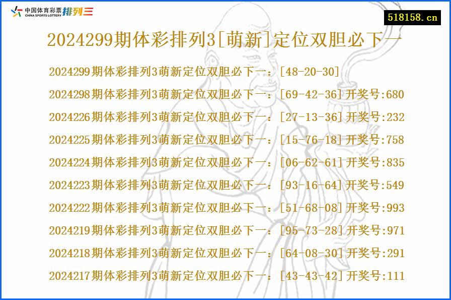 2024299期体彩排列3[萌新]定位双胆必下一