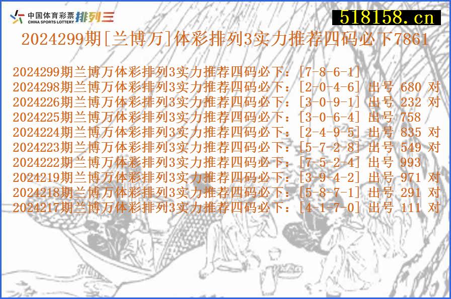 2024299期[兰博万]体彩排列3实力推荐四码必下7861