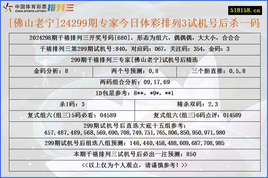 [佛山老宁]24299期专家今日体彩排列3试机号后杀一码