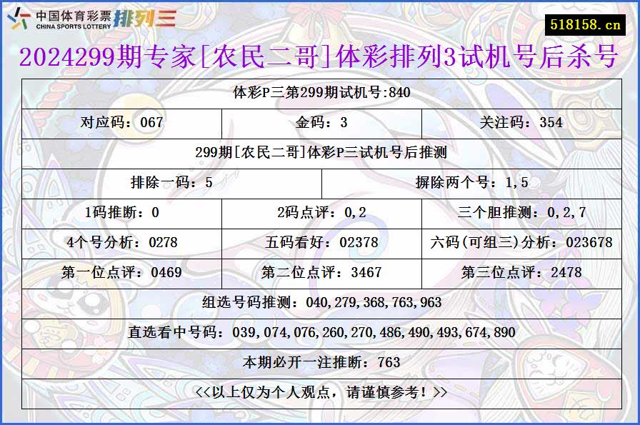 2024299期专家[农民二哥]体彩排列3试机号后杀号