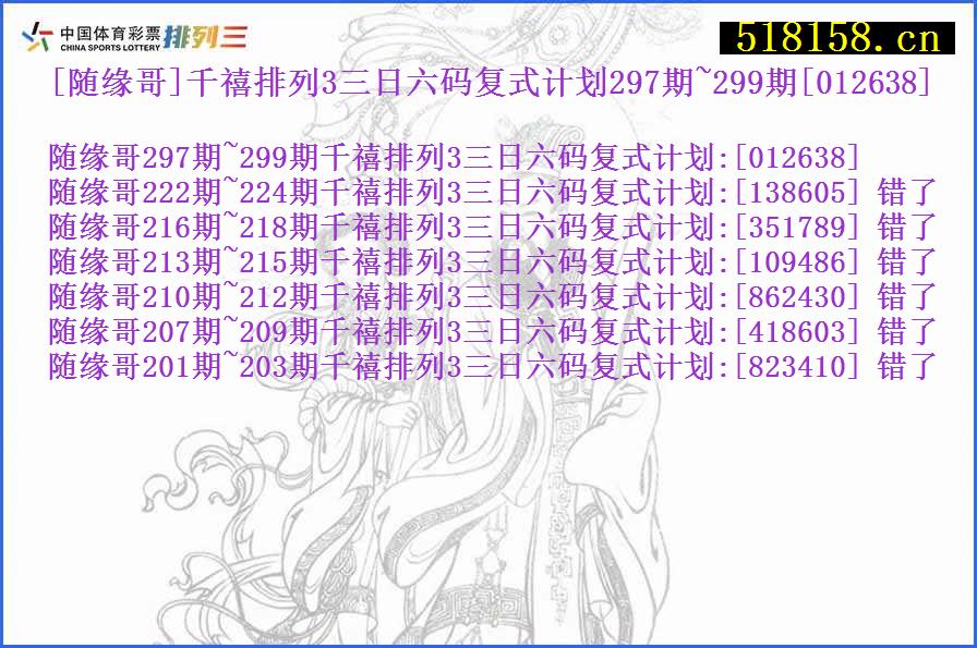 [随缘哥]千禧排列3三日六码复式计划297期~299期[012638]