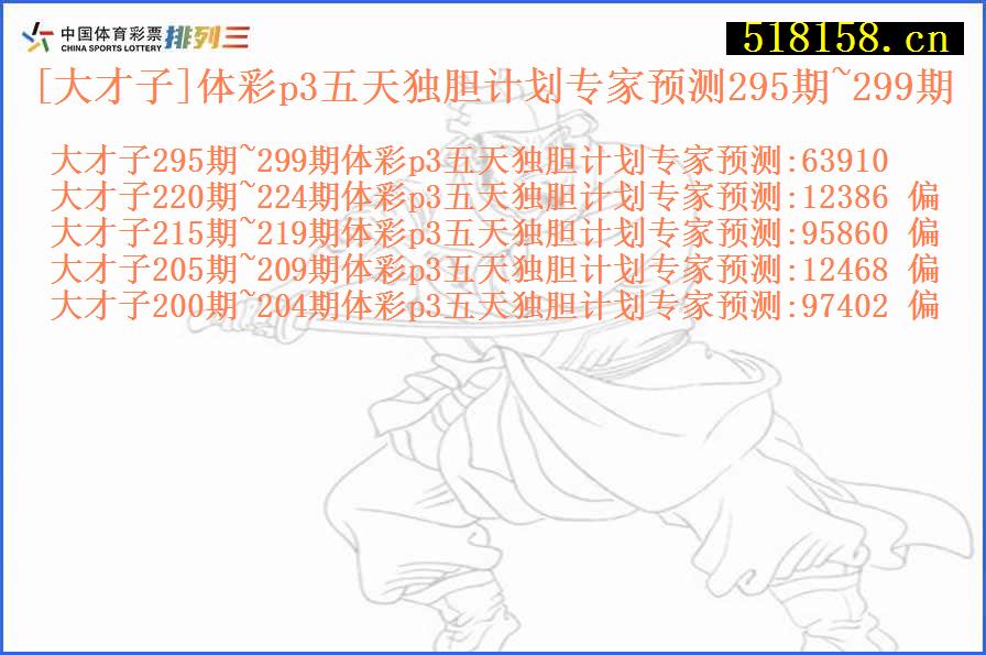 [大才子]体彩p3五天独胆计划专家预测295期~299期