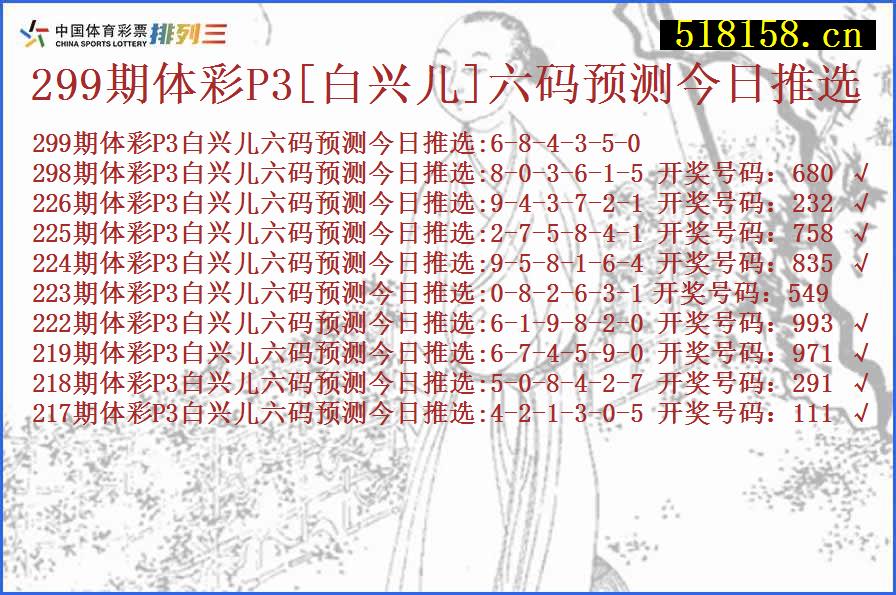 299期体彩P3[白兴儿]六码预测今日推选