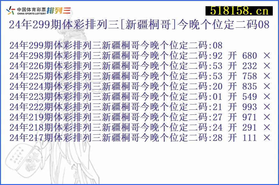 24年299期体彩排列三[新疆桐哥]今晚个位定二码08