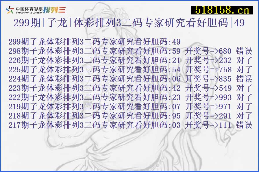 299期[子龙]体彩排列3二码专家研究看好胆码|49