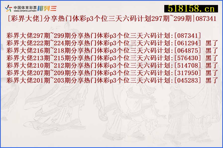 [彩界大佬]分享热门体彩p3个位三天六码计划297期~299期|087341