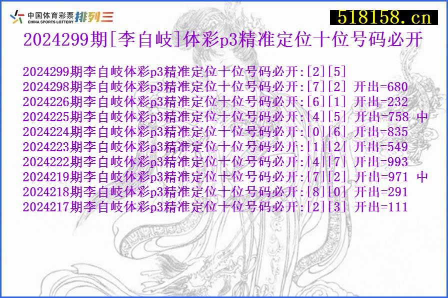 2024299期[李自岐]体彩p3精准定位十位号码必开