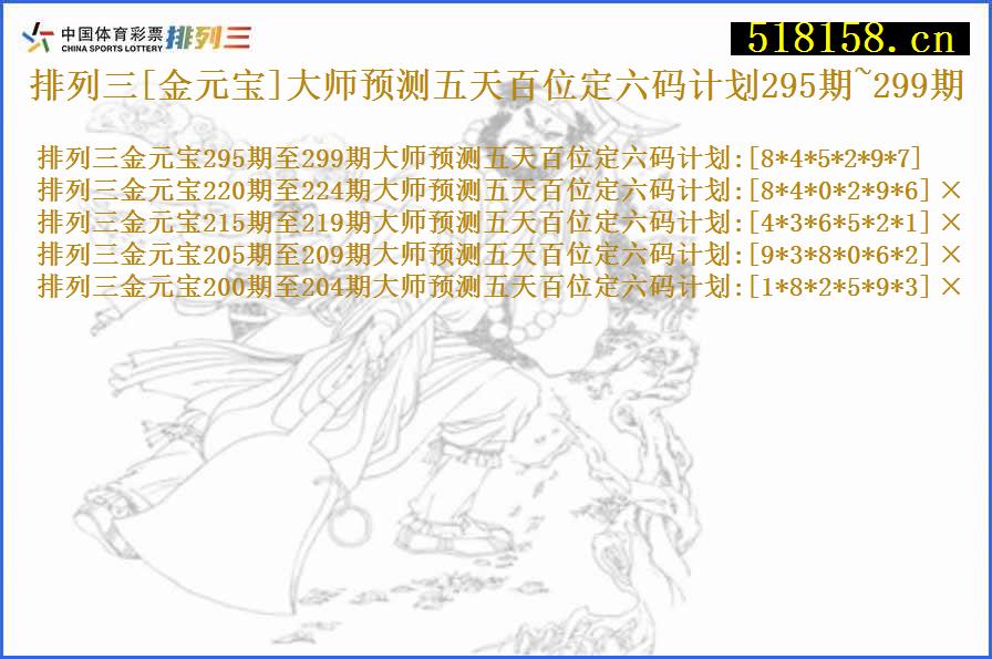 排列三[金元宝]大师预测五天百位定六码计划295期~299期