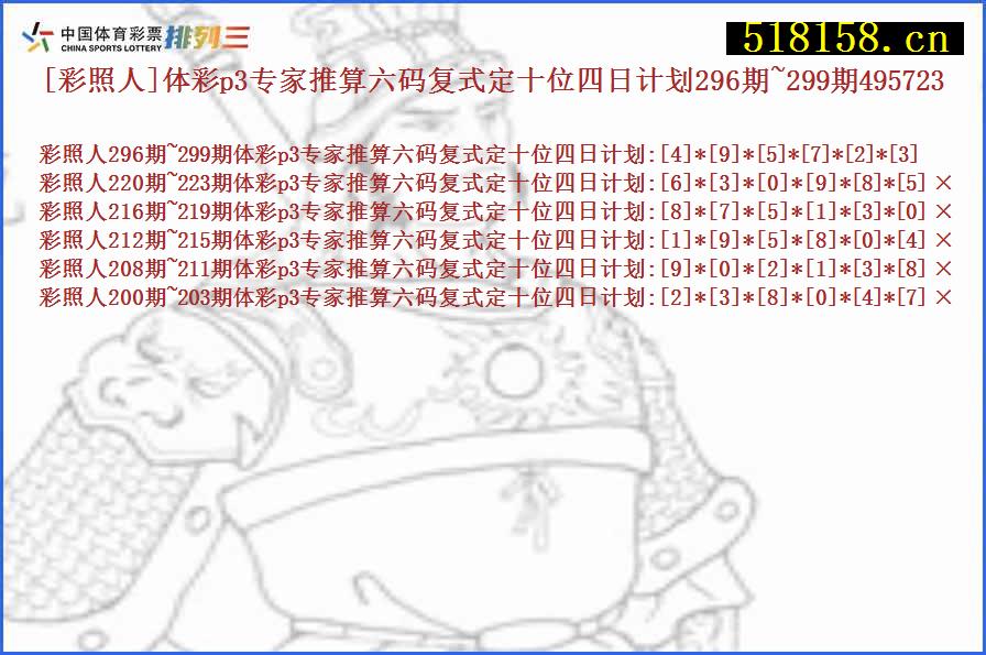 [彩照人]体彩p3专家推算六码复式定十位四日计划296期~299期495723