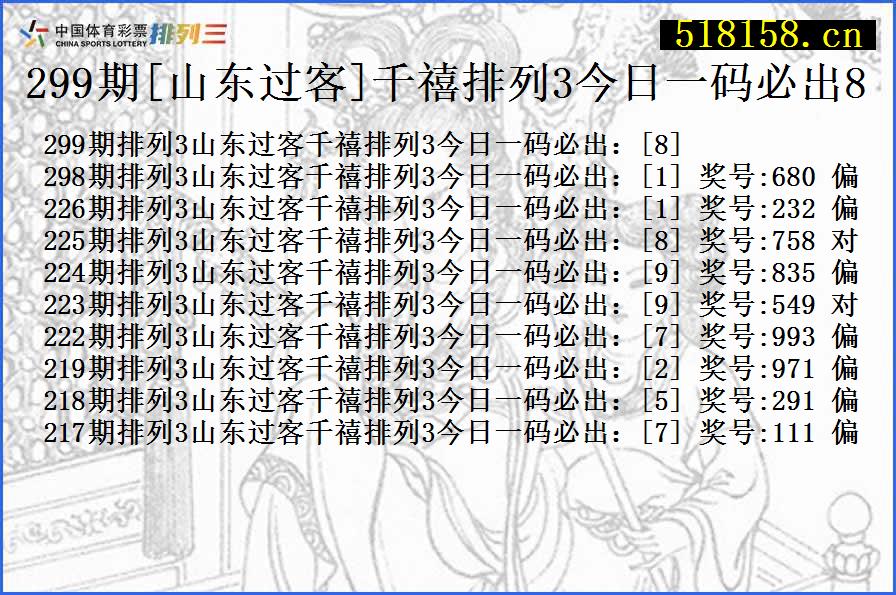 299期[山东过客]千禧排列3今日一码必出8