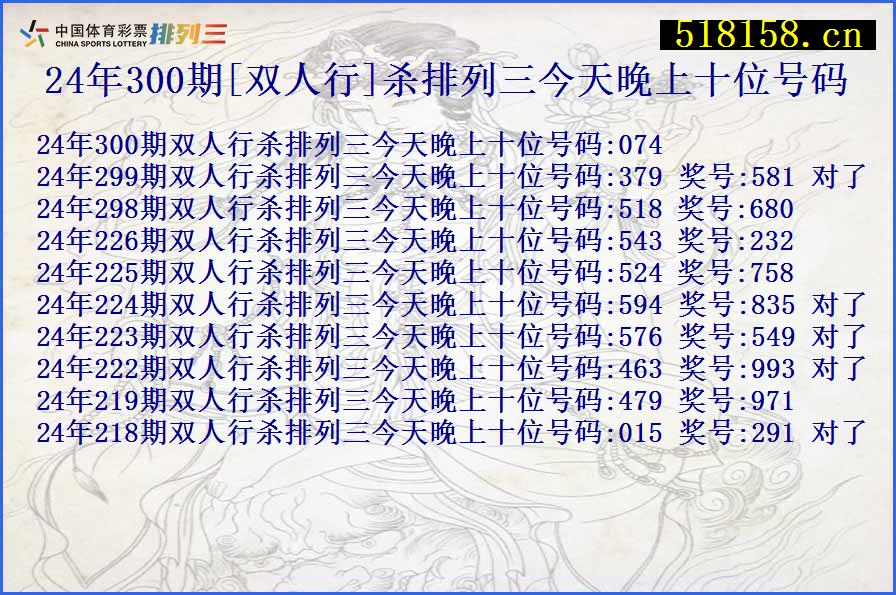 24年300期[双人行]杀排列三今天晚上十位号码