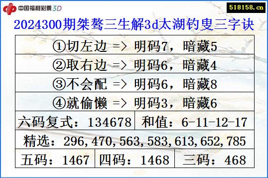 2024300期桀骜三生解3d太湖钓叟三字诀