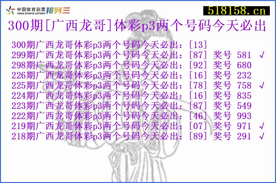 300期[广西龙哥]体彩p3两个号码今天必出