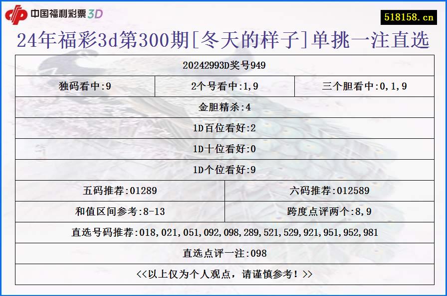 24年福彩3d第300期[冬天的样子]单挑一注直选