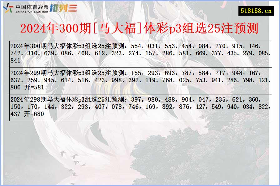 2024年300期[马大福]体彩p3组选25注预测