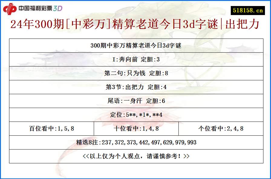 24年300期[中彩万]精算老道今日3d字谜|出把力