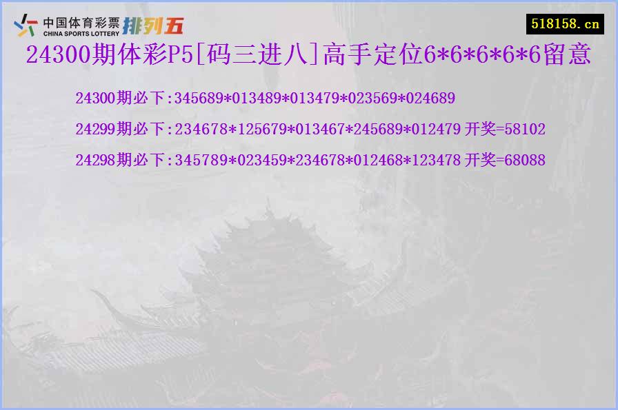 24300期体彩P5[码三进八]高手定位6*6*6*6*6留意