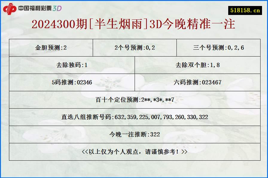 2024300期[半生烟雨]3D今晚精准一注