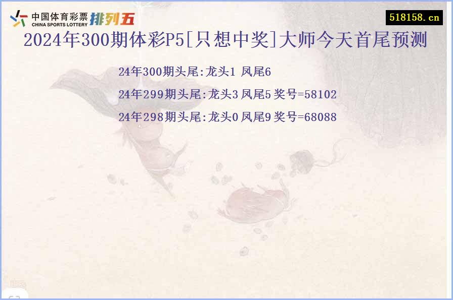 2024年300期体彩P5[只想中奖]大师今天首尾预测