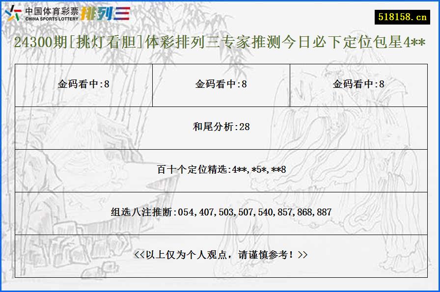 24300期[挑灯看胆]体彩排列三专家推测今日必下定位包星4**